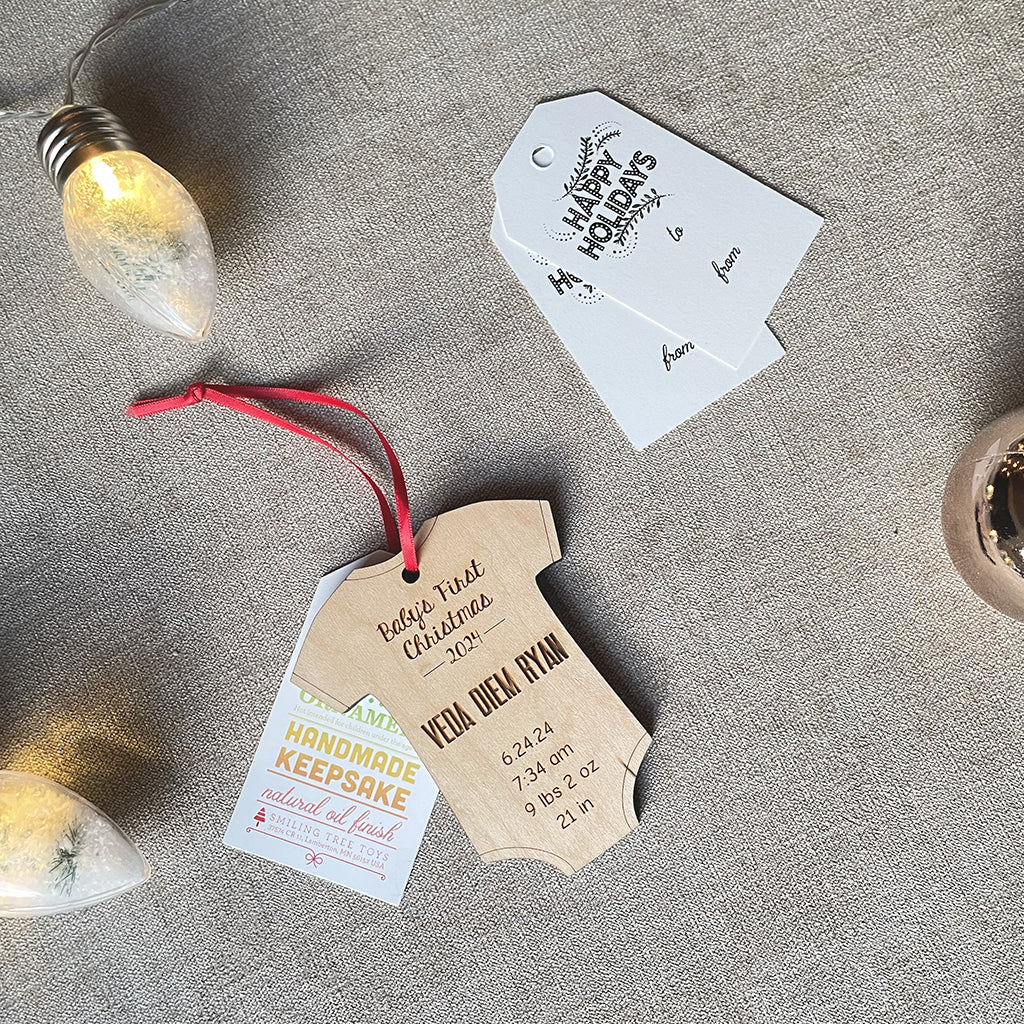 personalized baby's first christmas ornament with gift tag