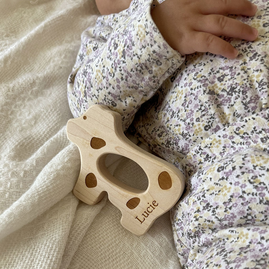 cow dairy farm wood teether for baby natural teething pain relief unique newborn gifts