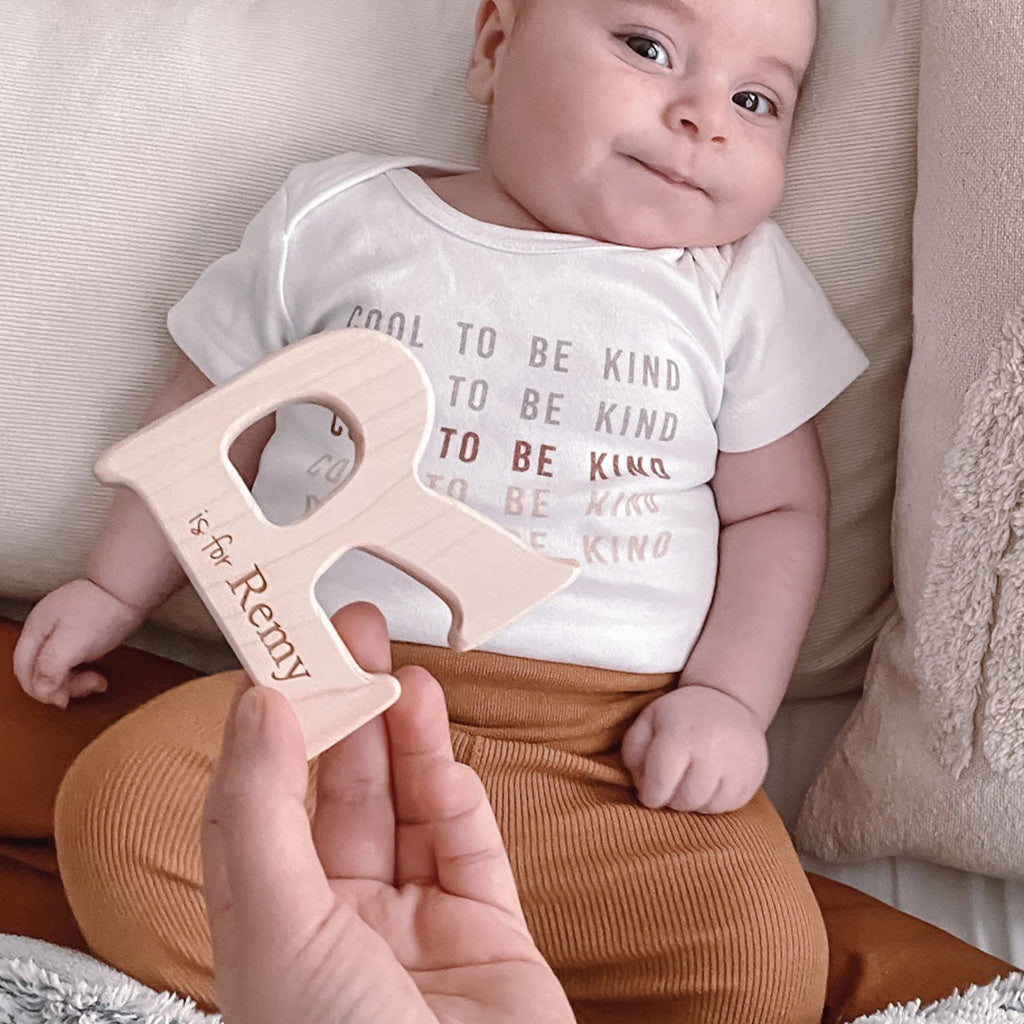 alphabet letter wood teether for baby love bird natural teething pain relief personalized keepsake unique baby gift