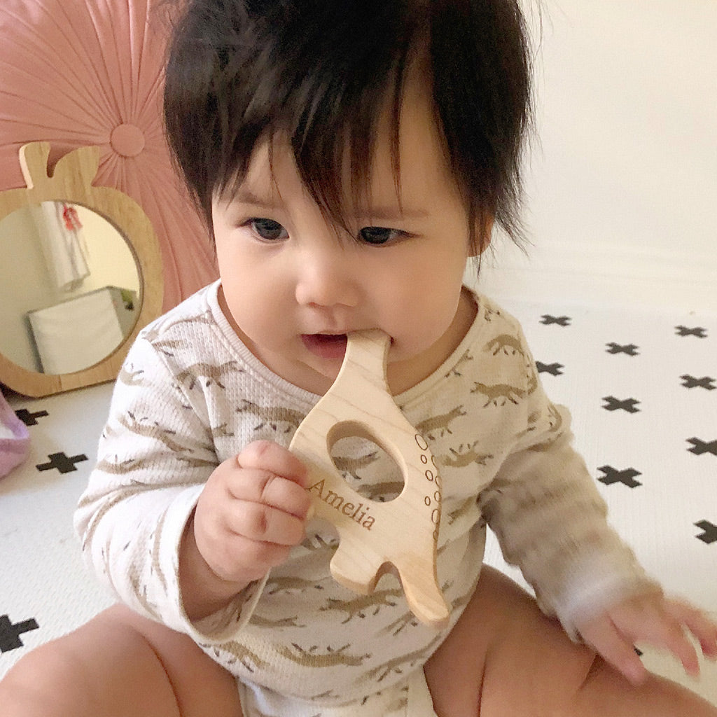 dinosaur wood teethers for baby natural teething pain relief
