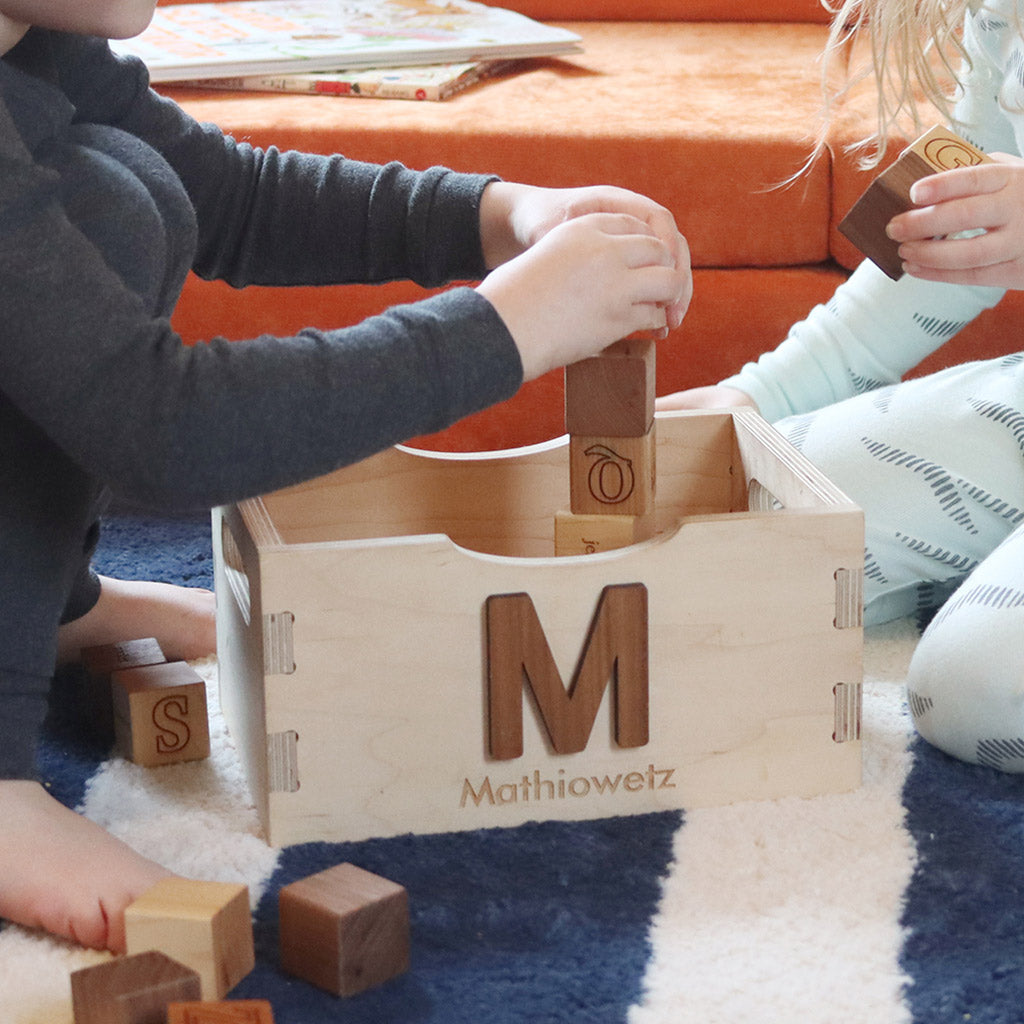 wood toy crate personalized new baby gift for one year old