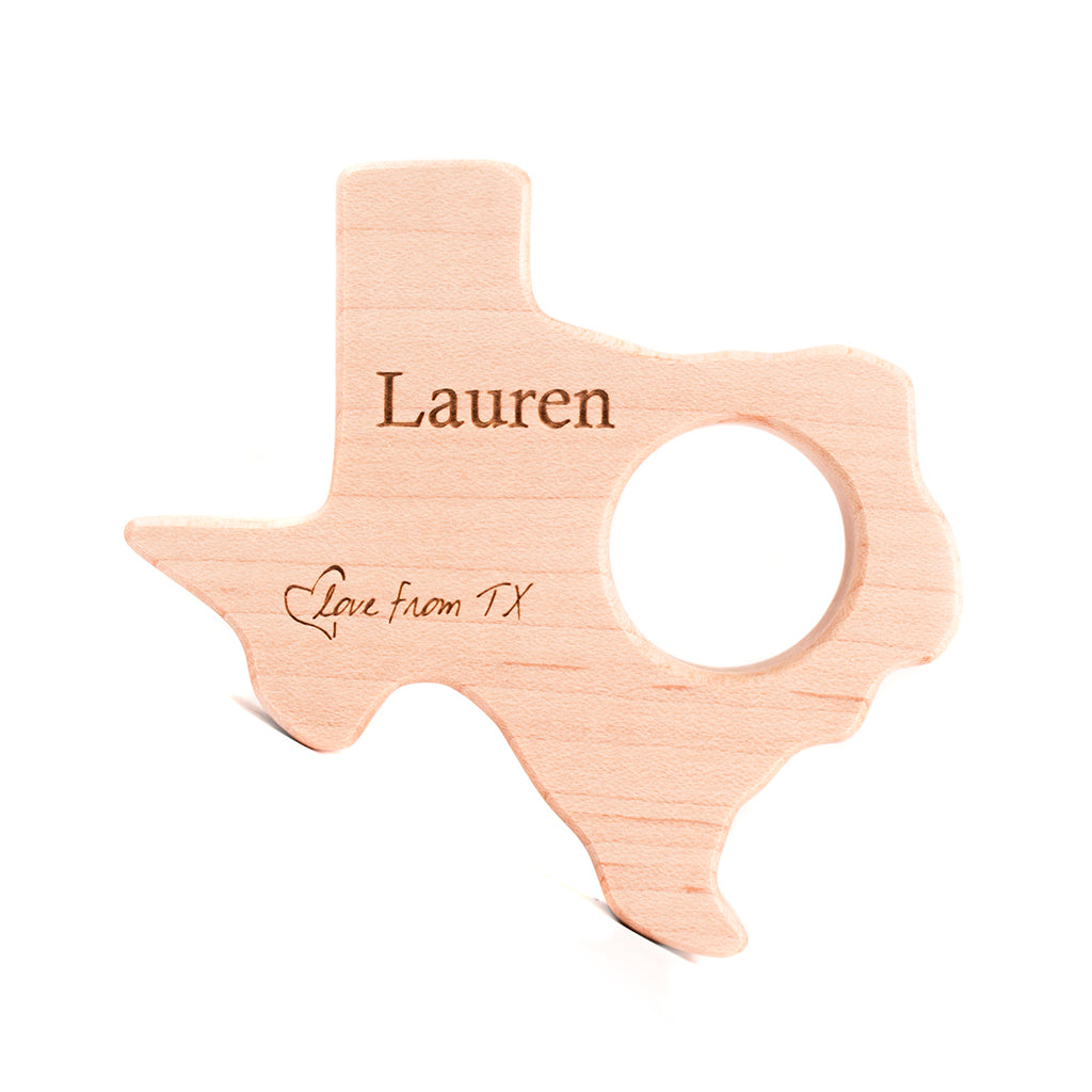 state shaped wood teether for baby unique baby gift