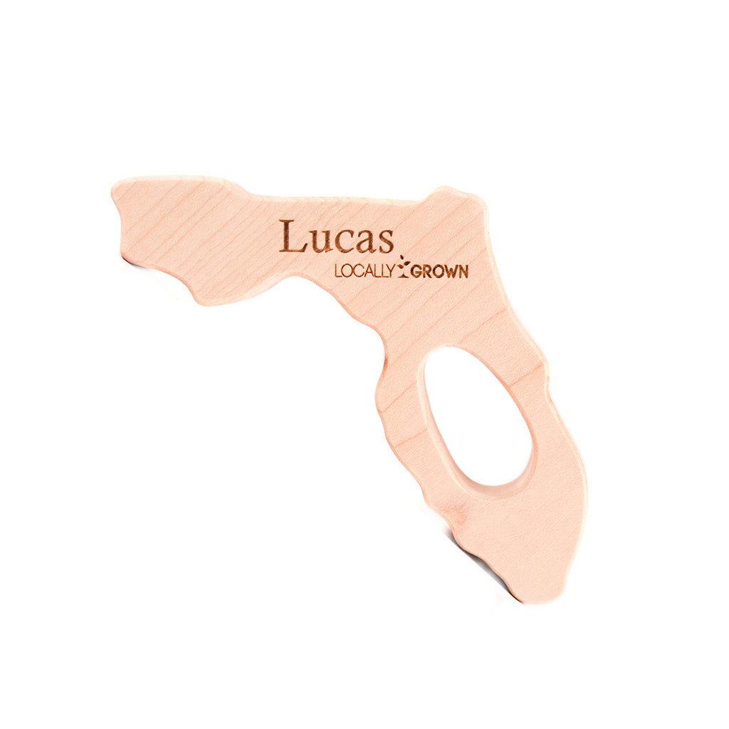 state shaped wood teether for baby unique baby gift